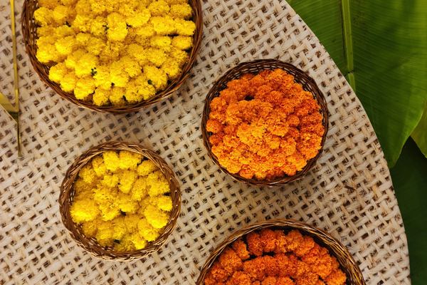 Haldi colour bowls detail at Siddharth Banquets, Andheri West Mumbai
