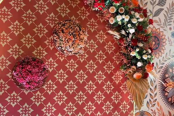 Pink blockprint arch at Siddharth Banquets, Andheri West Mumbai