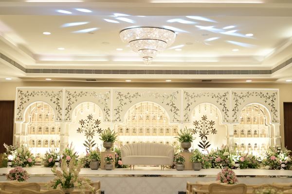 White floral stage wide at Siddharth Banquets, Andheri West Mumbai